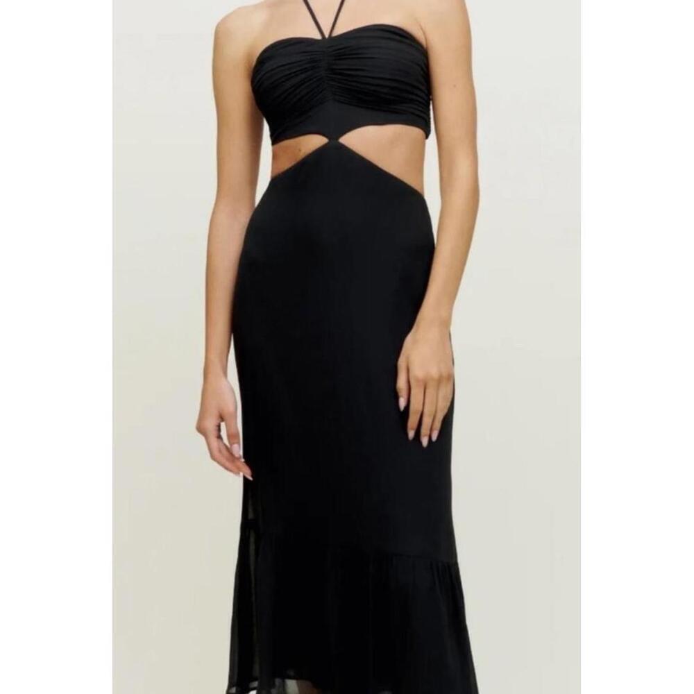 Reformation Riya Black Cut-Out Midi Dress with Halter Neck sz 6